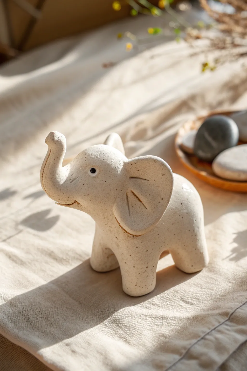 Minimal clay baby elephant with curved trunk and floppy ears, a simple sculpture idea to try.