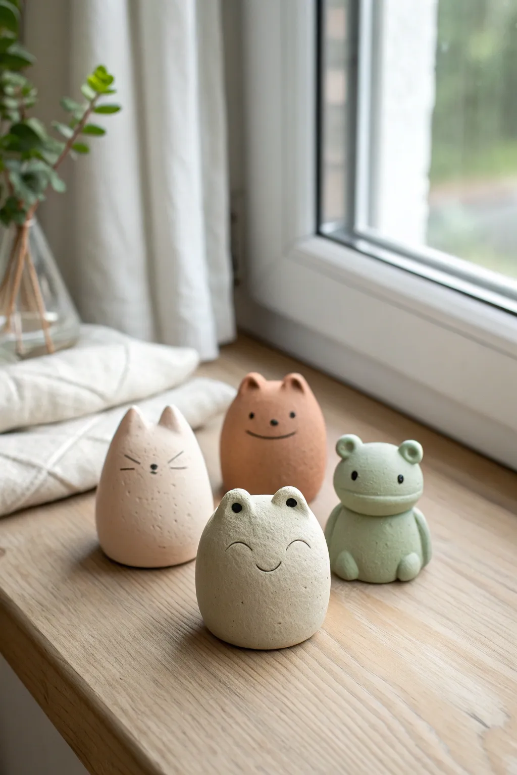 Tiny clay cat, frog, and bear desk buddies in soft neutrals with minimalist faces and cozy contrast