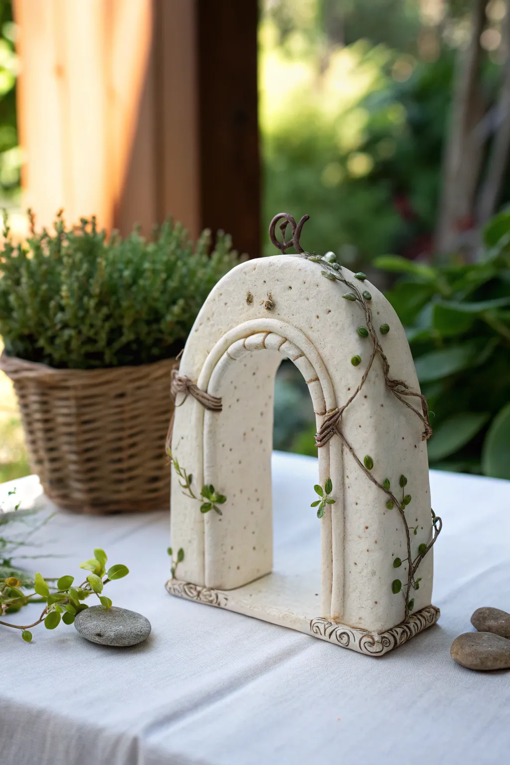 Whimsical clay fairy gate with vine arch and tiny latch, styled in a soft minimalist garden nook.