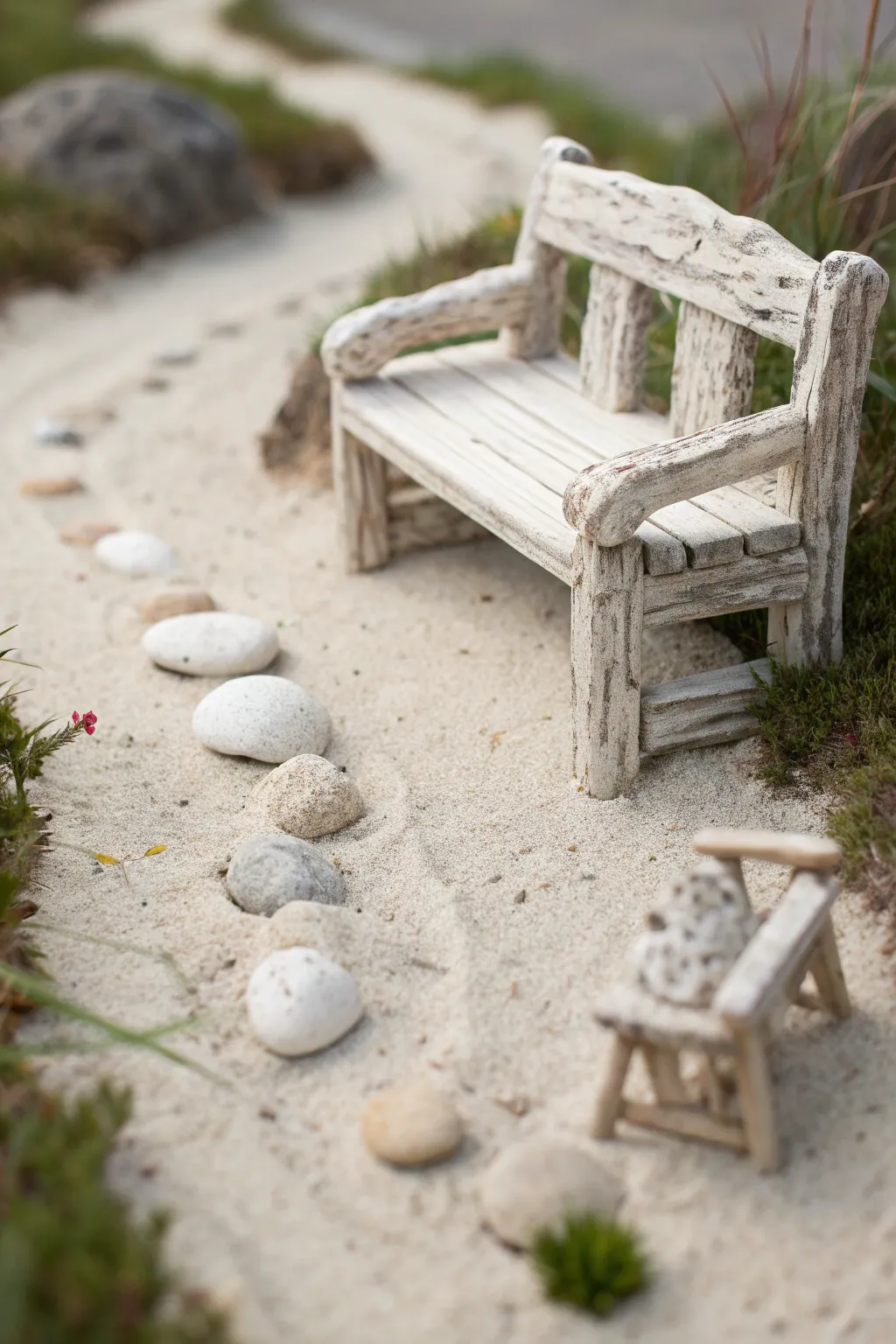 Handmade clay fairy bench with a tiny chair, minimalist and boho for a sweet garden scene.