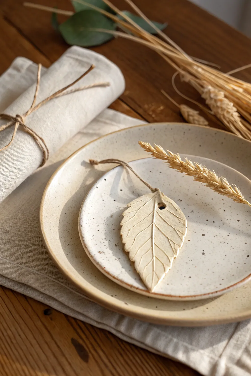 Minimal Thanksgiving leaf place cards in air dry clay, styled with wheat and linen.
