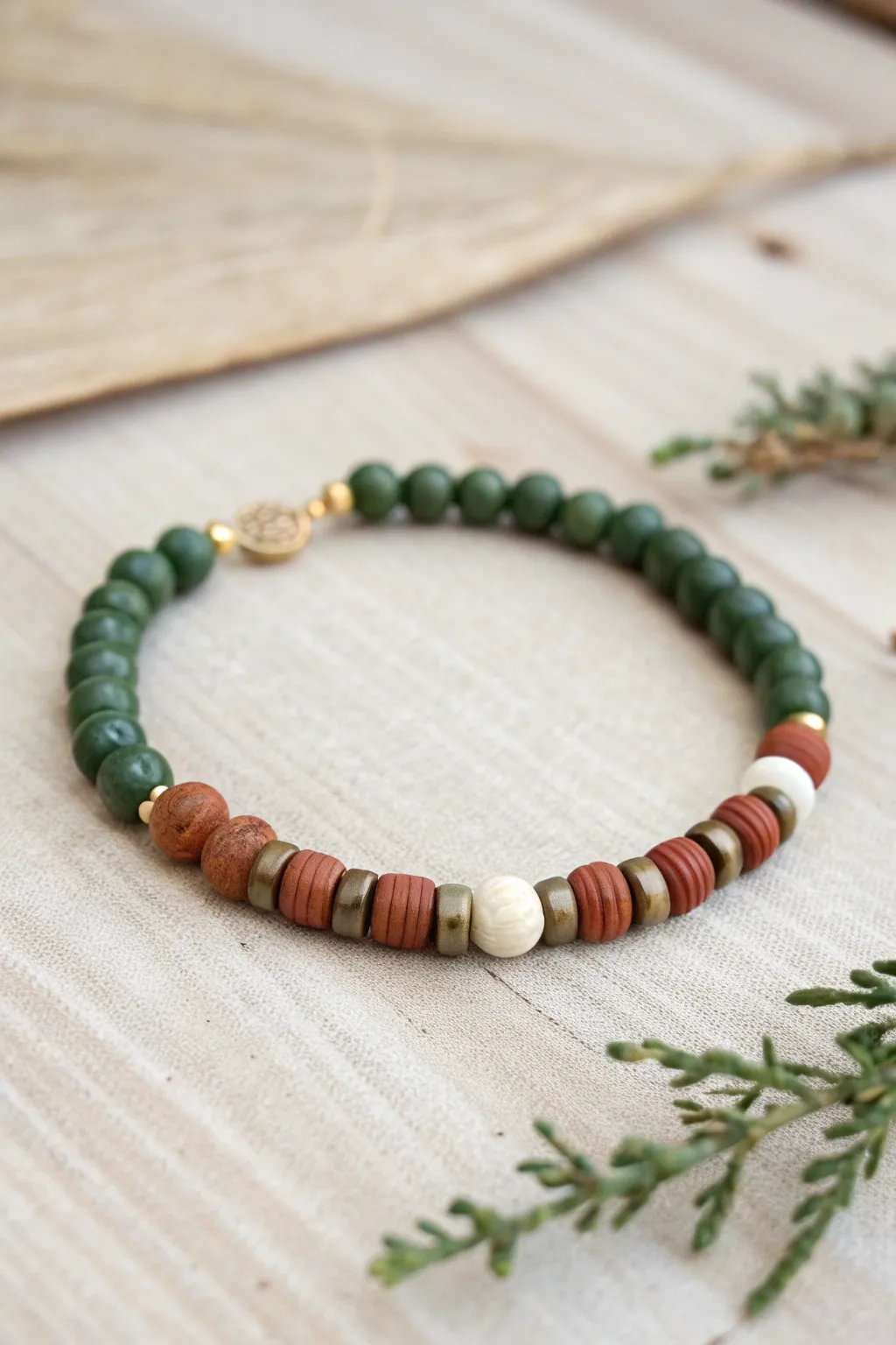 Woodland greens meet rust and cream accents for an easy fall heishi clay bracelet with forest-walk charm.