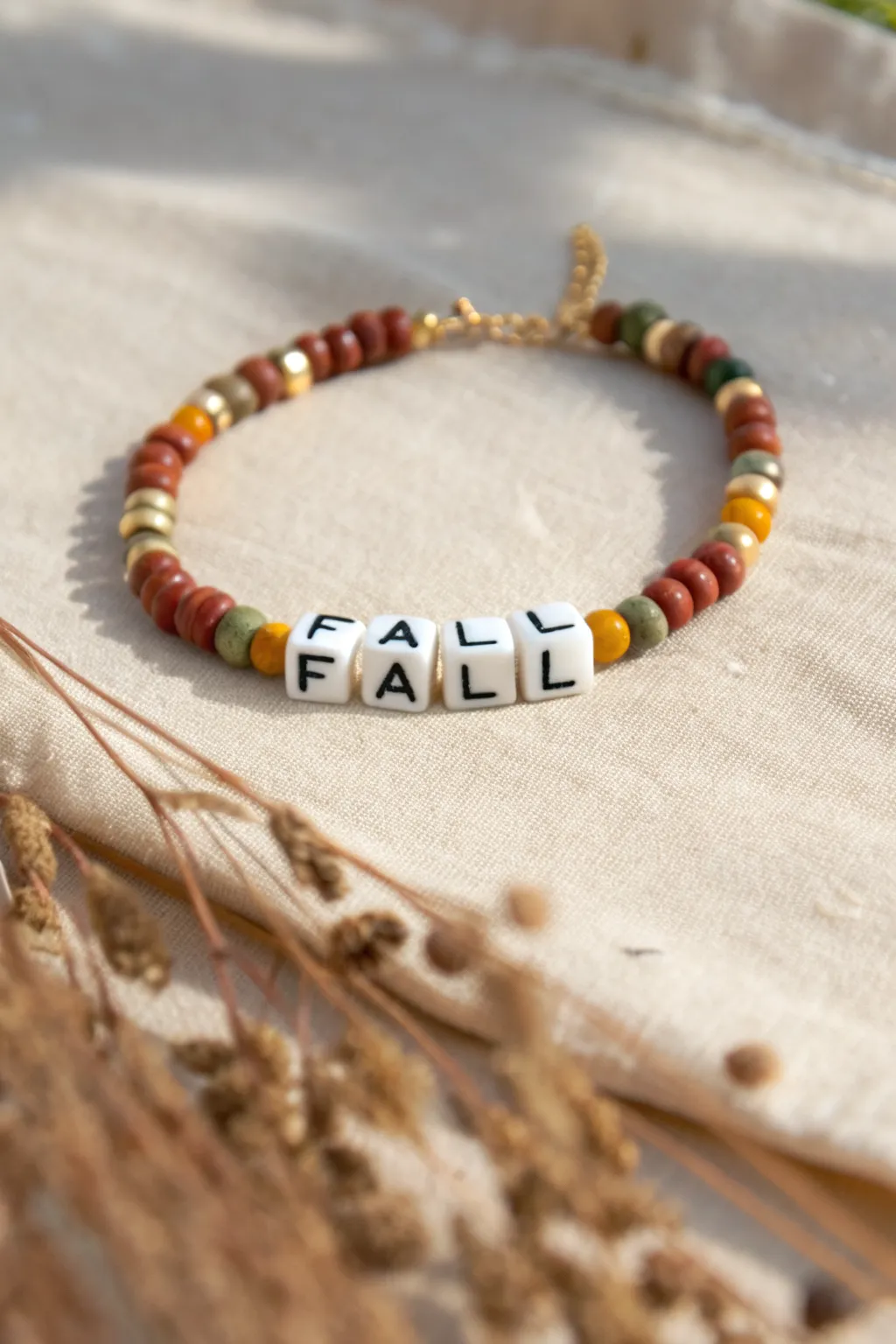 Earth tone heishi stack with a simple FALL word bracelet, perfect for cozy autumn outfits.