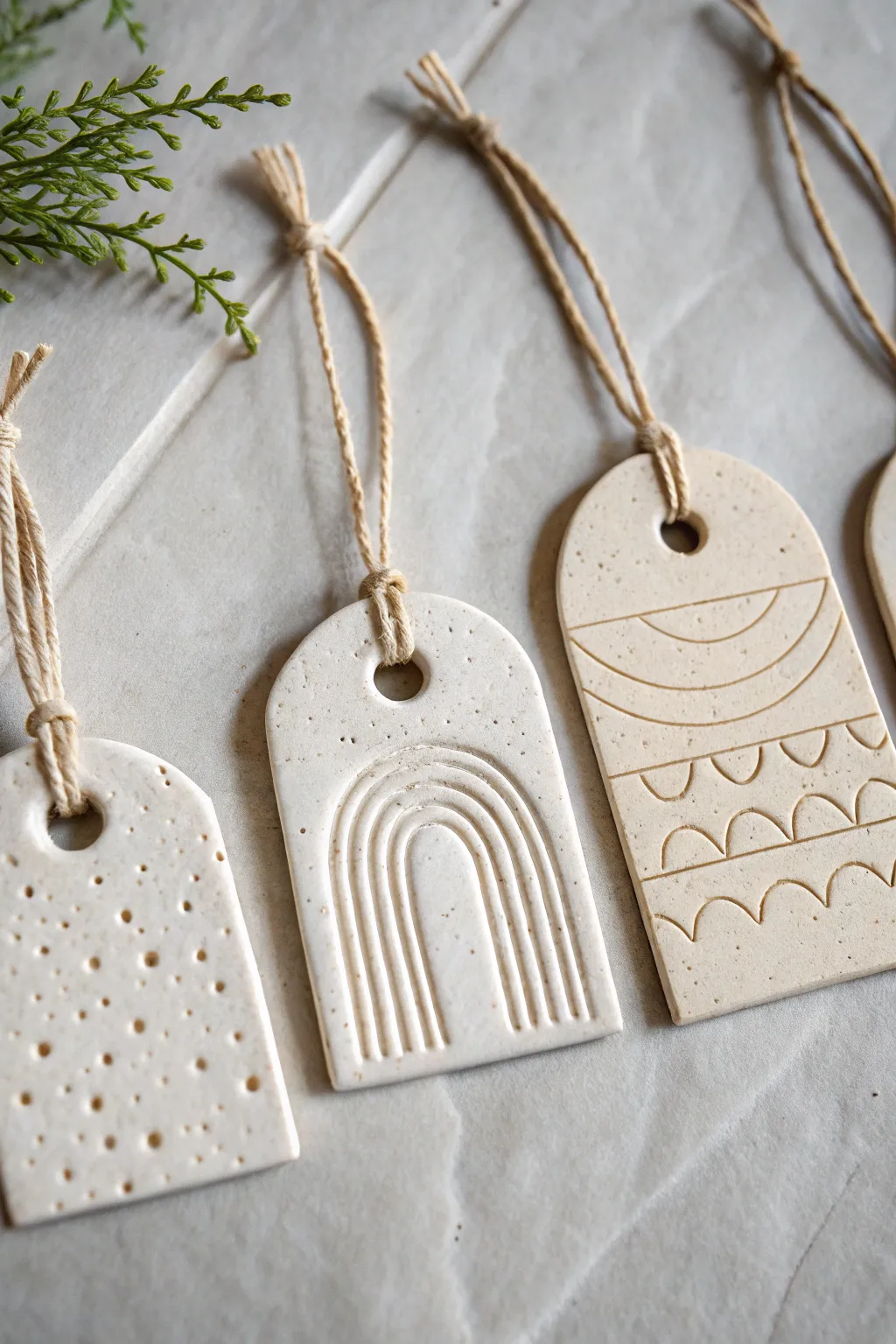 Mini flat clay wall tiles with simple patterns and linen hangers in soft minimalist style