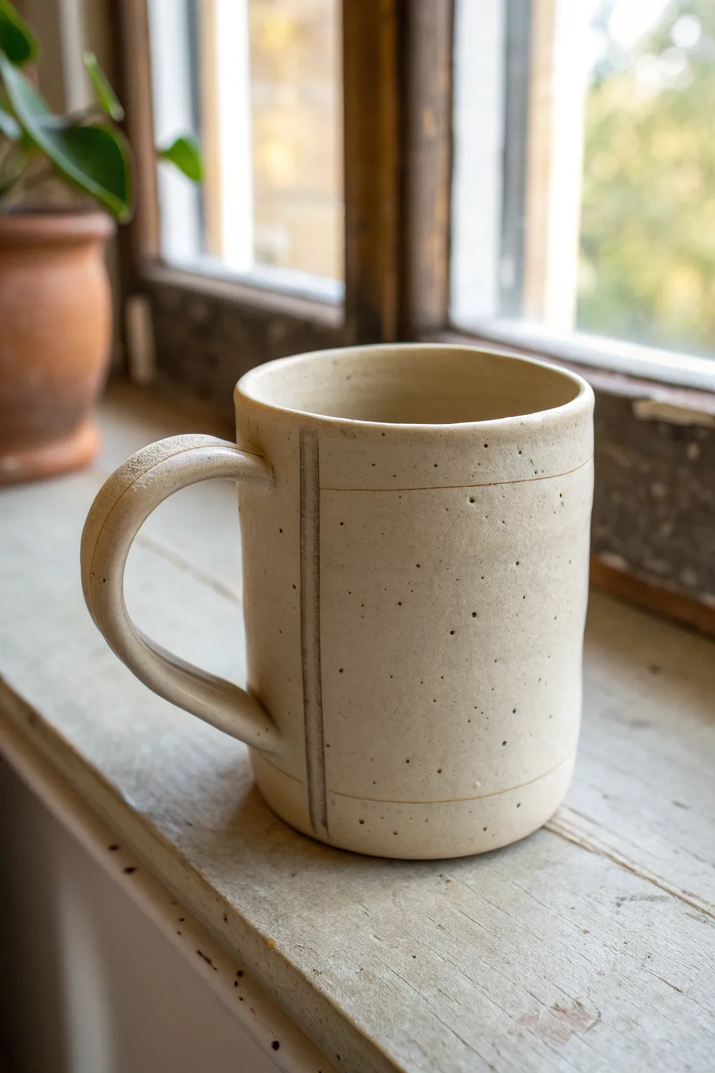 Simple slab-built mug with one wraparound wall, visible seam, and an easy pulled handle