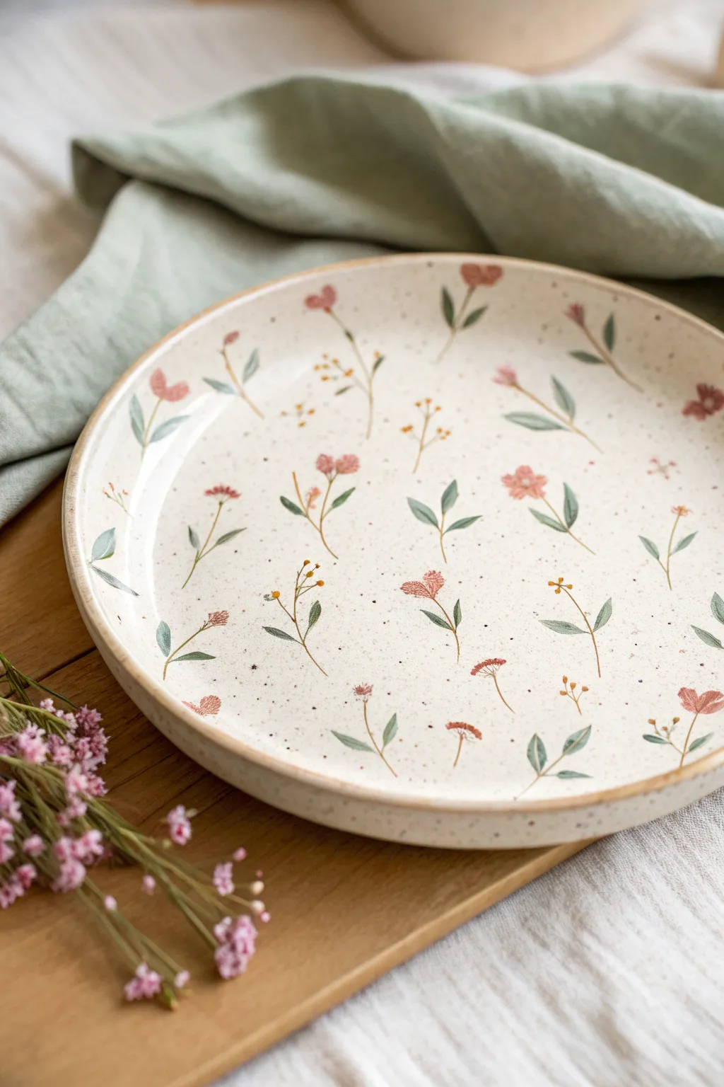 Minimal floral sprig scatter plate, airy and playful, perfect for beginner pottery painting.