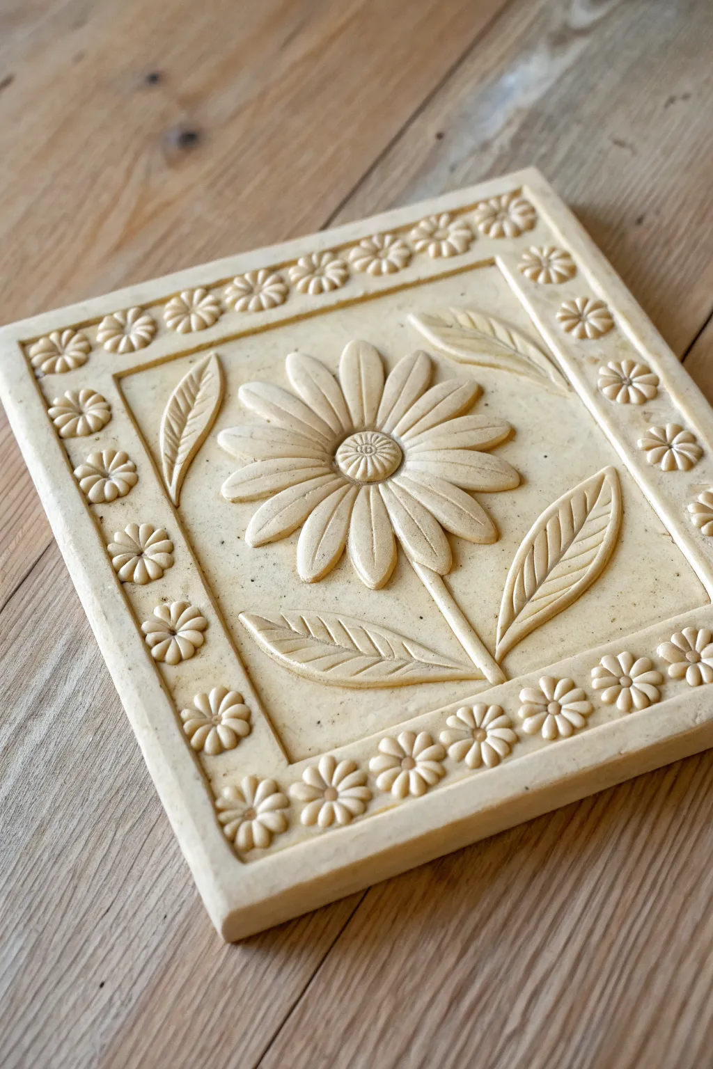 Botanical border frame tile with a centered flower and tidy leaf-and-bud frame in soft ivory.
