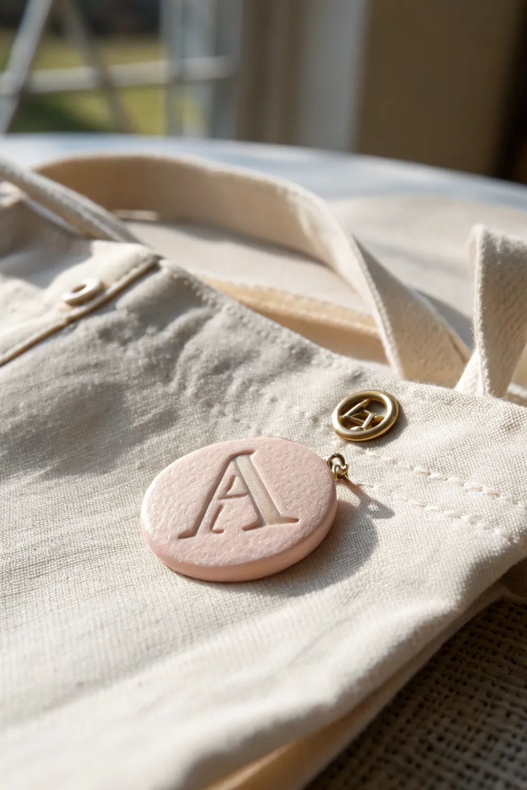 Minimalist foam clay name tag pin with puffy monogram lettering on soft linen for a boho touch.