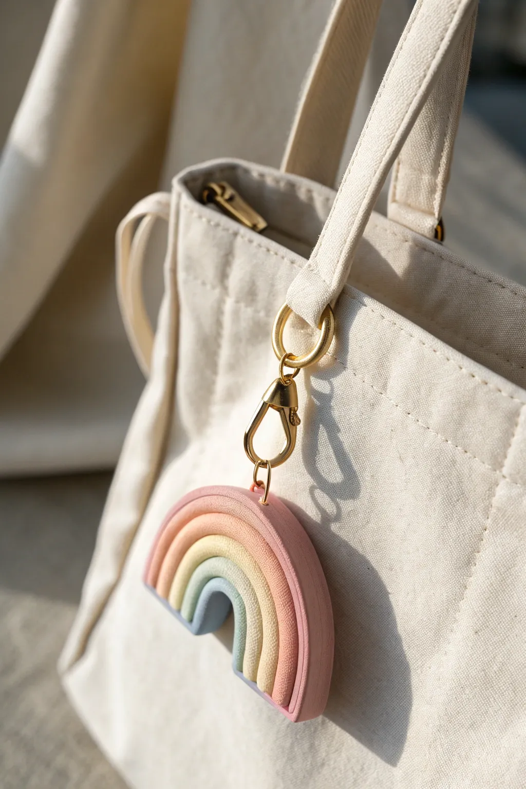 Layered foam clay charm in warm ombré tones, clipped to linen strap for an easy boho touch.