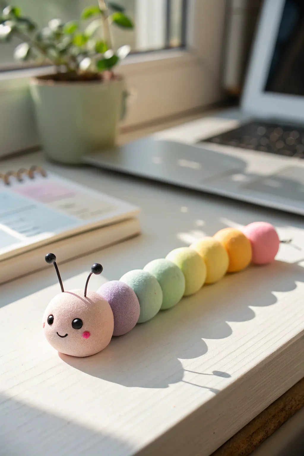 Easy foam clay caterpillar made from colorful ball segments, sweet and minimalist on a clean desk.