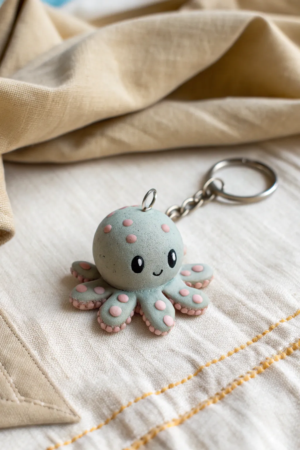 Tiny foam clay octopus keychain in a soft pastel, with stubby petal tentacles and dot eyes