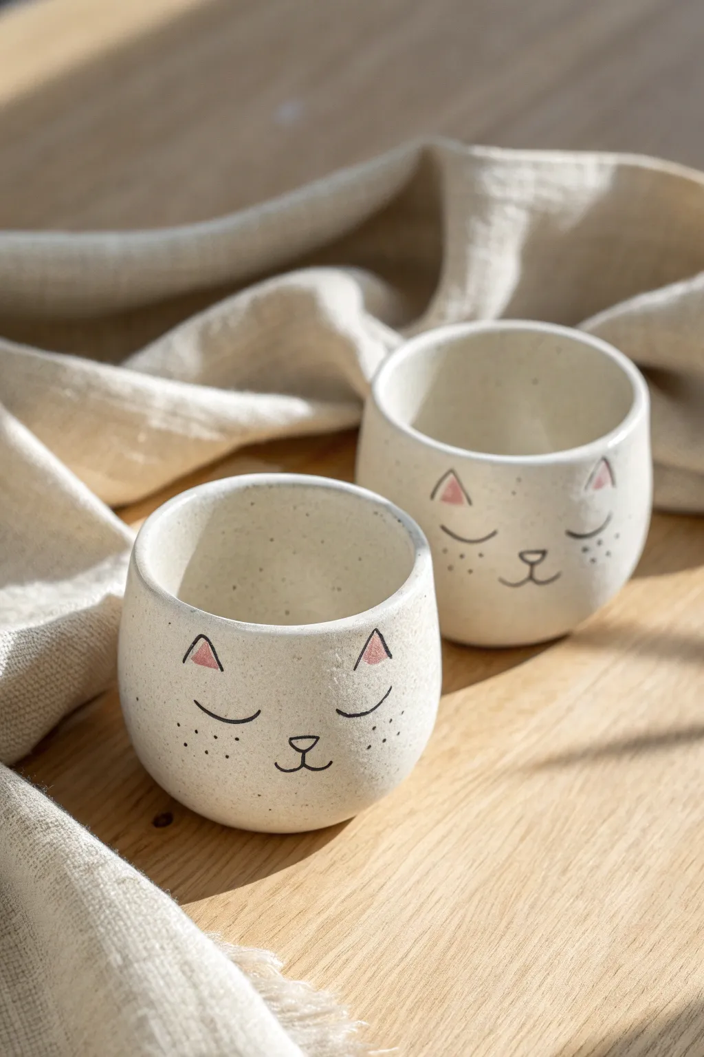 Sleepy cat pinch-pot cups with blush cheeks, simple shapes, and cozy handmade charm.