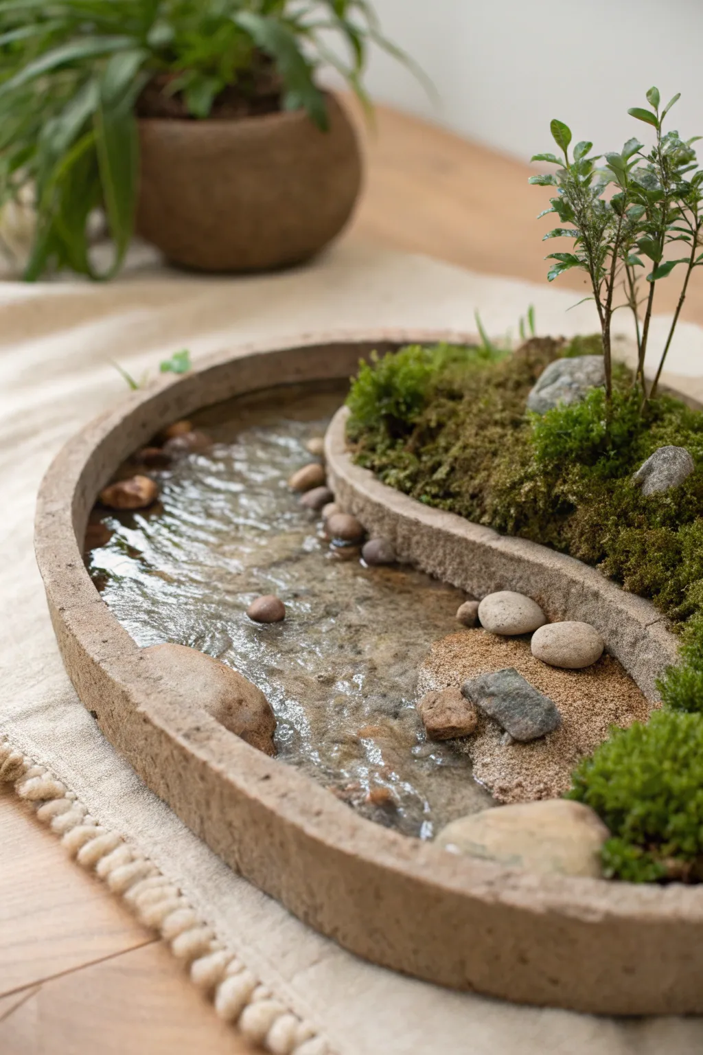 Calm woodland pond insert with glossy water, pebbles, and mossy accents in minimalist style