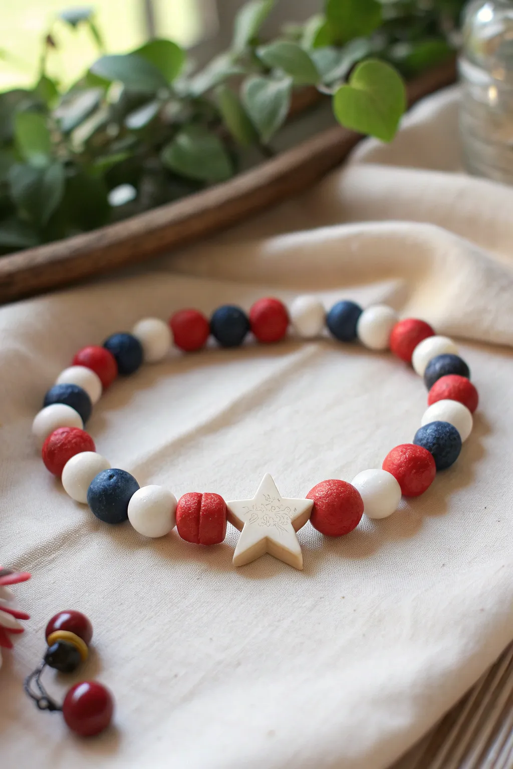 Minimal red white and blue clay disc bracelet with star beads for an easy patriotic touch