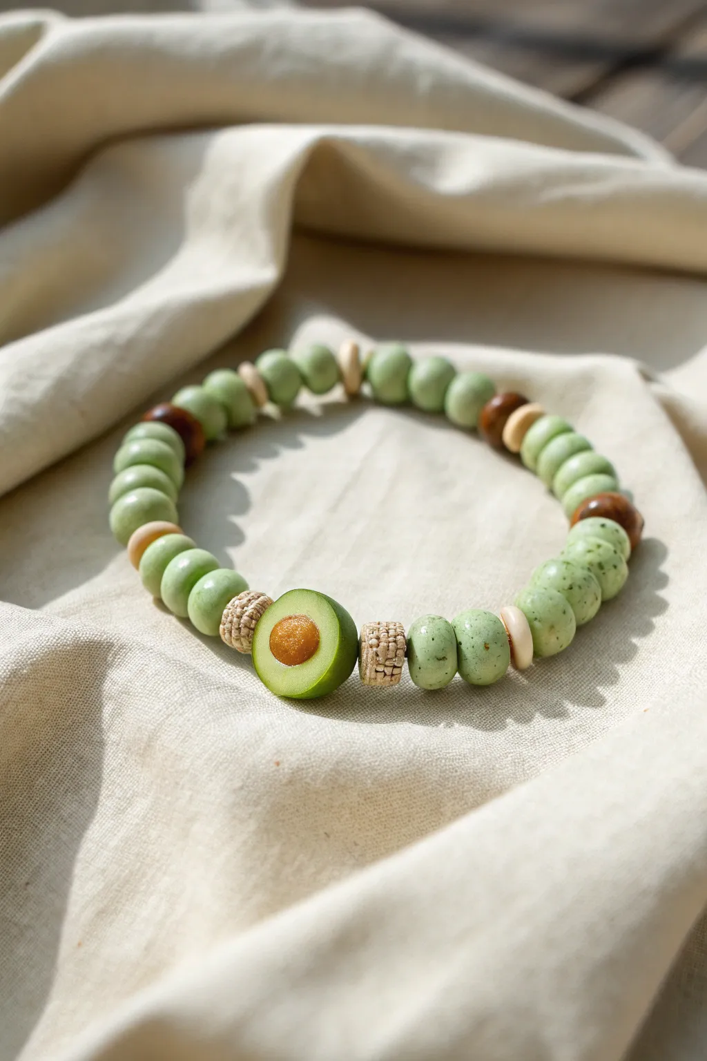 Minimal avocado clay center bead bracelet with sage and tan heishi beads on linen.