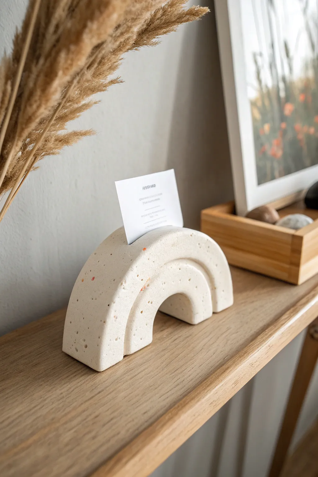 Modern air dry clay photo holder in arch shape, styled on oak shelf for calm minimalist vibes.