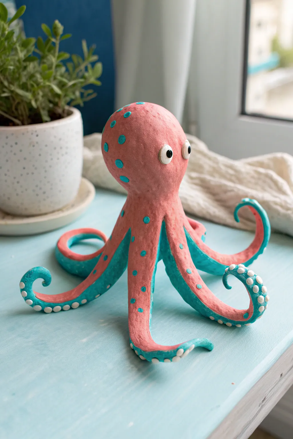 Kid-friendly stand-up clay octopus in coastal colors, simple and cute for ocean play.