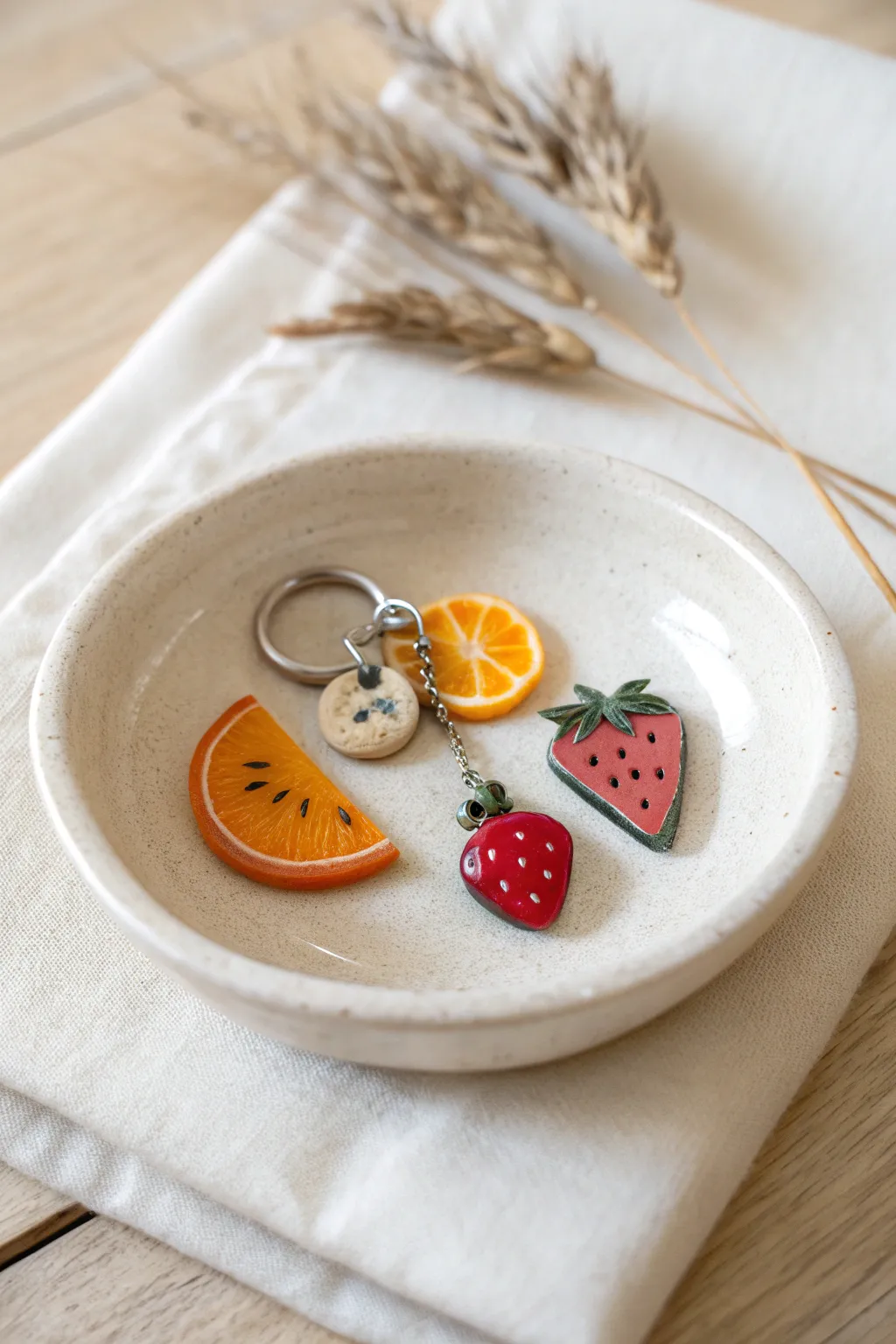 Tiny glossy fruit charms in a minimalist tray—easy clay idea with sweet Scandinavian boho vibes.
