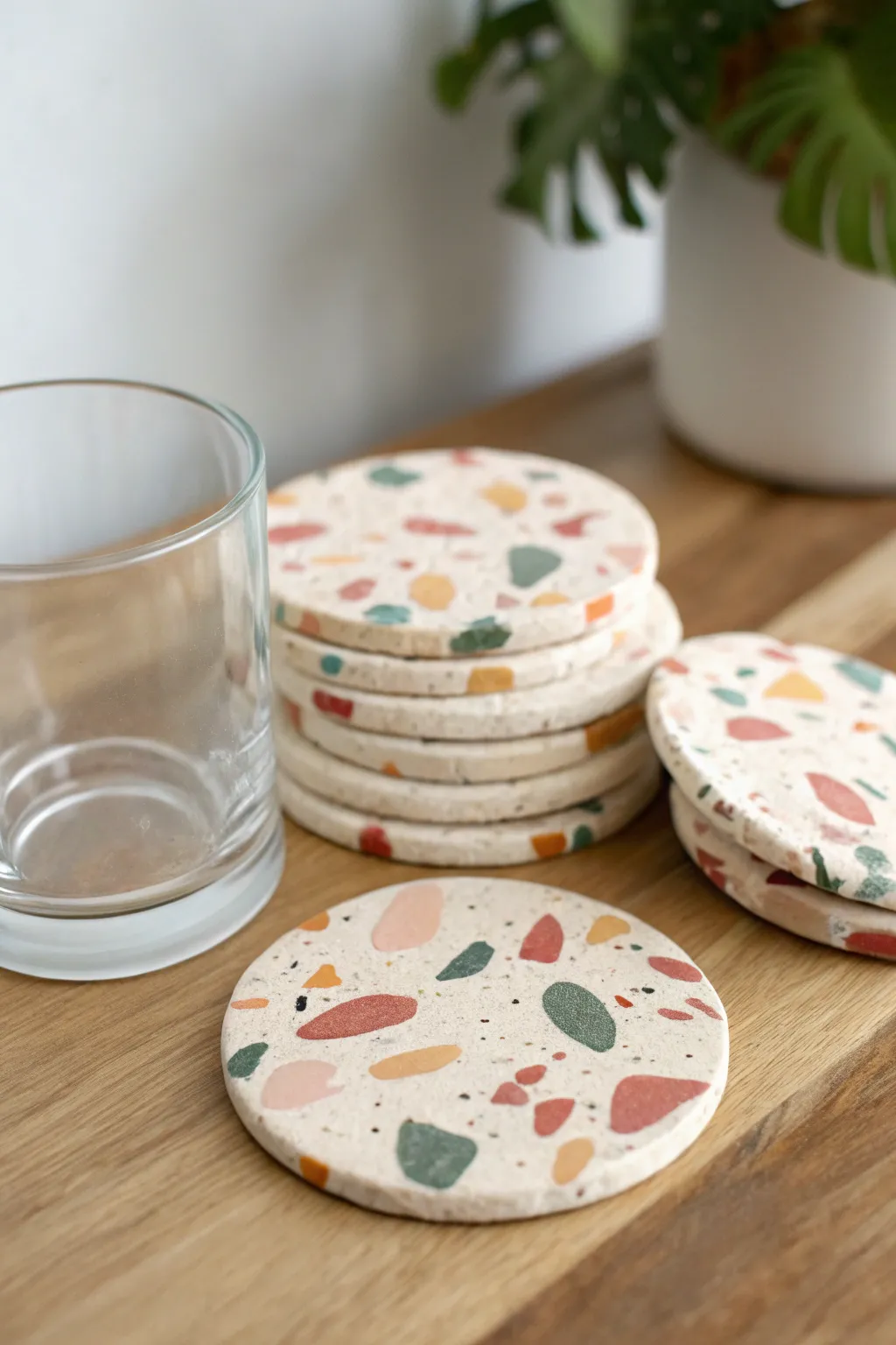 Terrazzo polymer clay coasters stacked neatly, bright speckles, calm Scandinavian styling.
