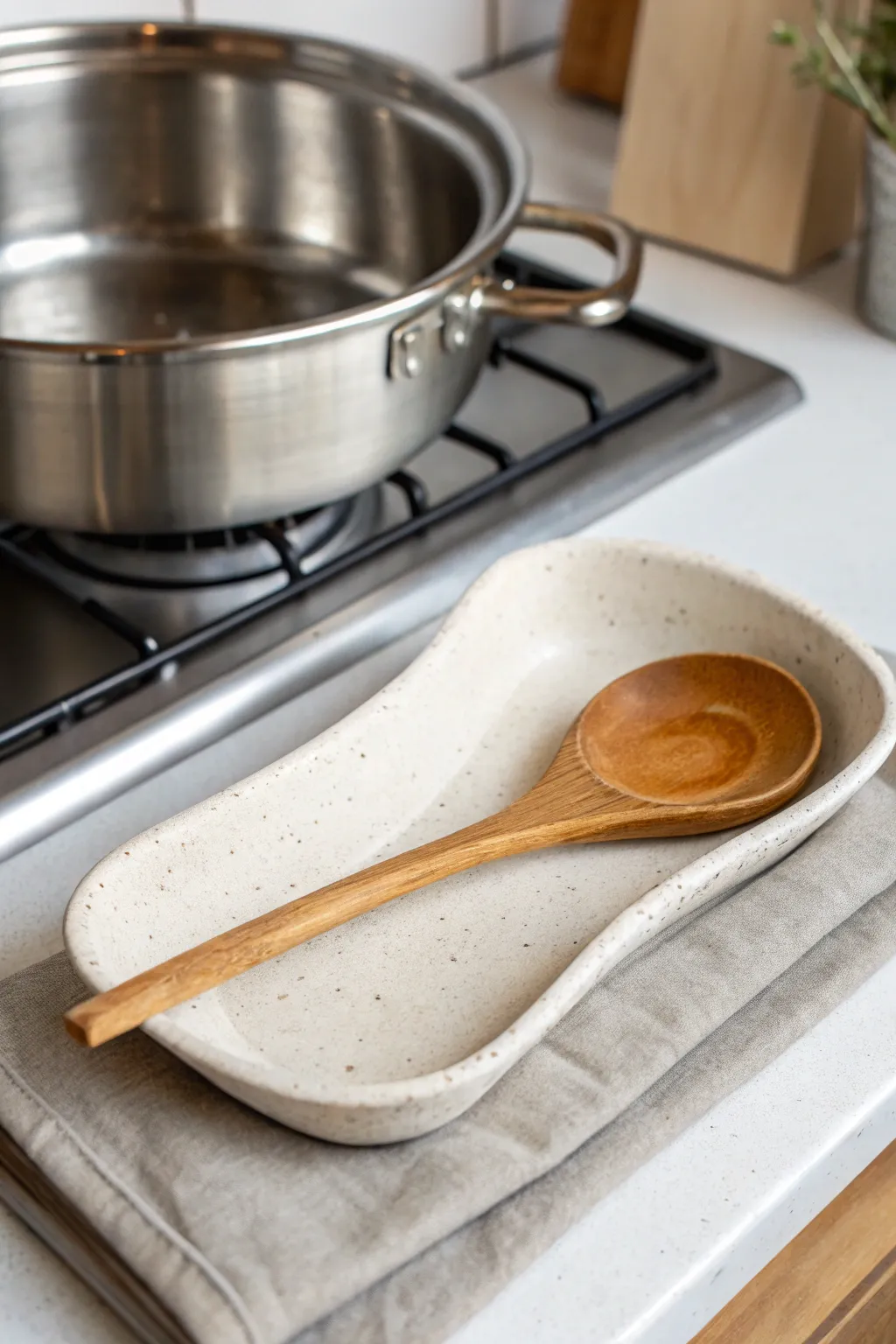 Minimal air dry clay spoon rest styling: handmade curve holding a wooden spoon by the stovetop.