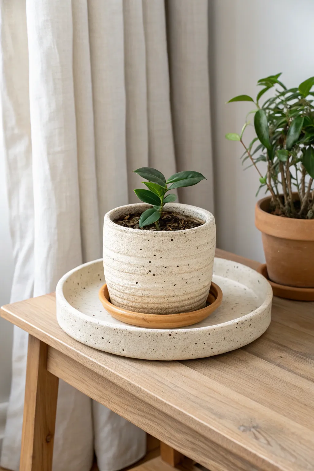 Coil-built planter with matching drip tray, minimal and warm—perfect for a leafy side-table moment.