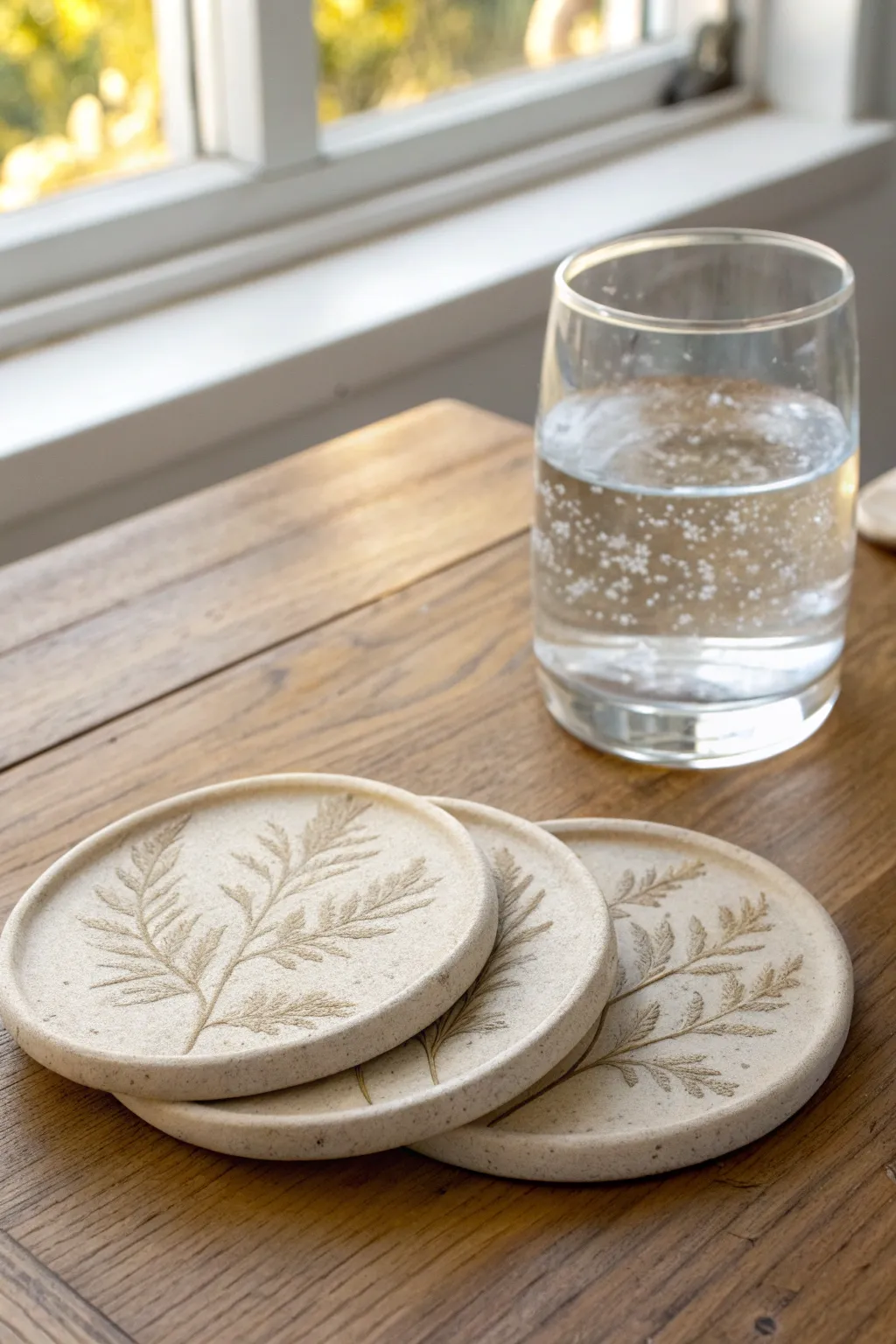 Pressed botanical clay coasters in soft neutrals, stacked neatly beside a simple glass of water