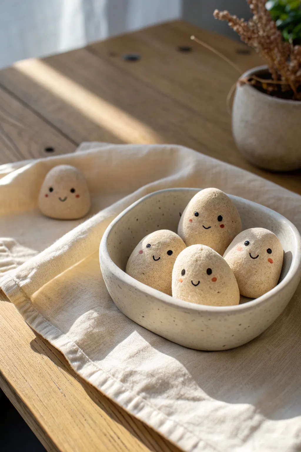 Imperfect clay lumps become a quirky little family, simple eyes and smiles in cozy minimalist style.