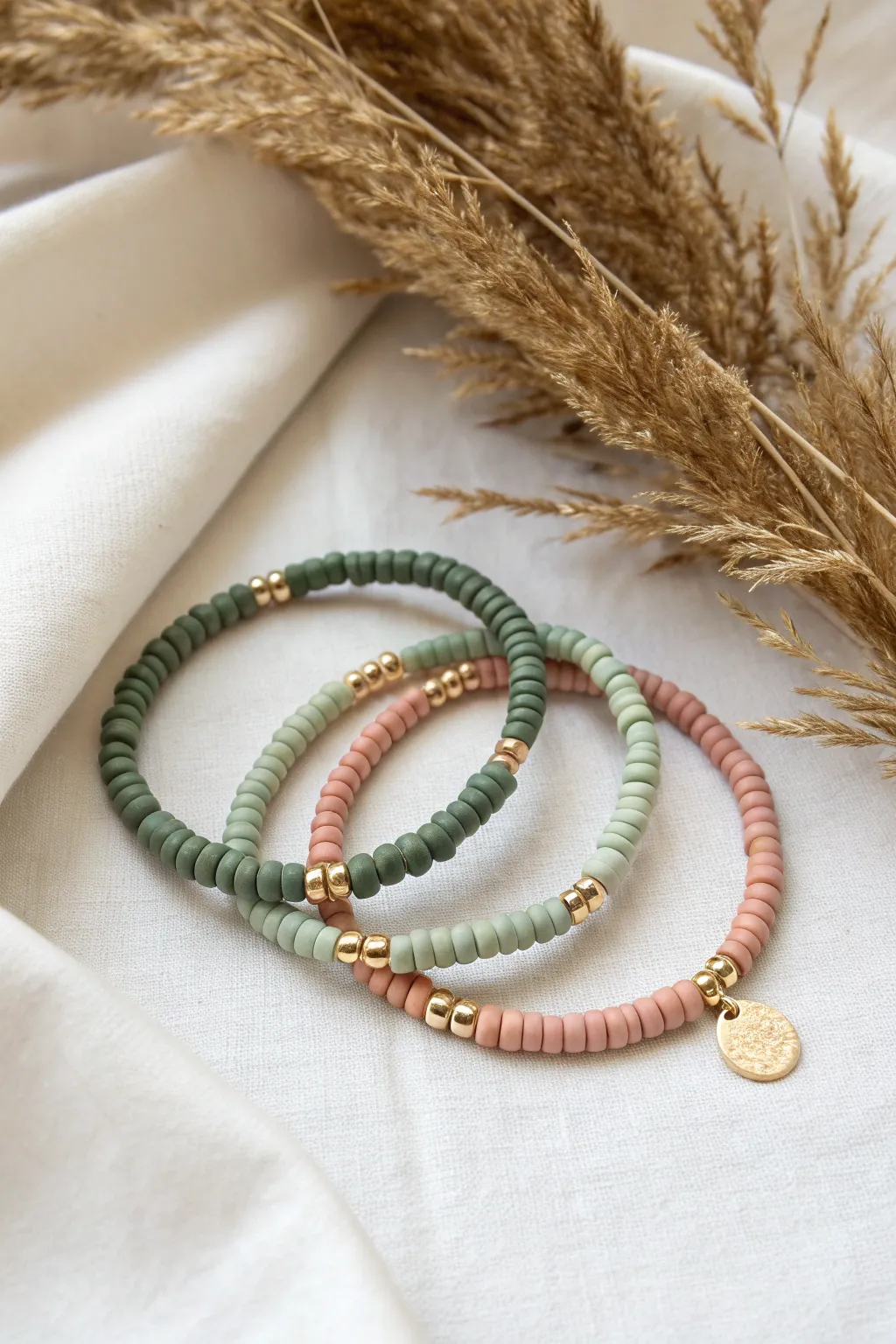 Color coded clay heishi bracelets that show charged, low, and do not disturb moods at a glance.
