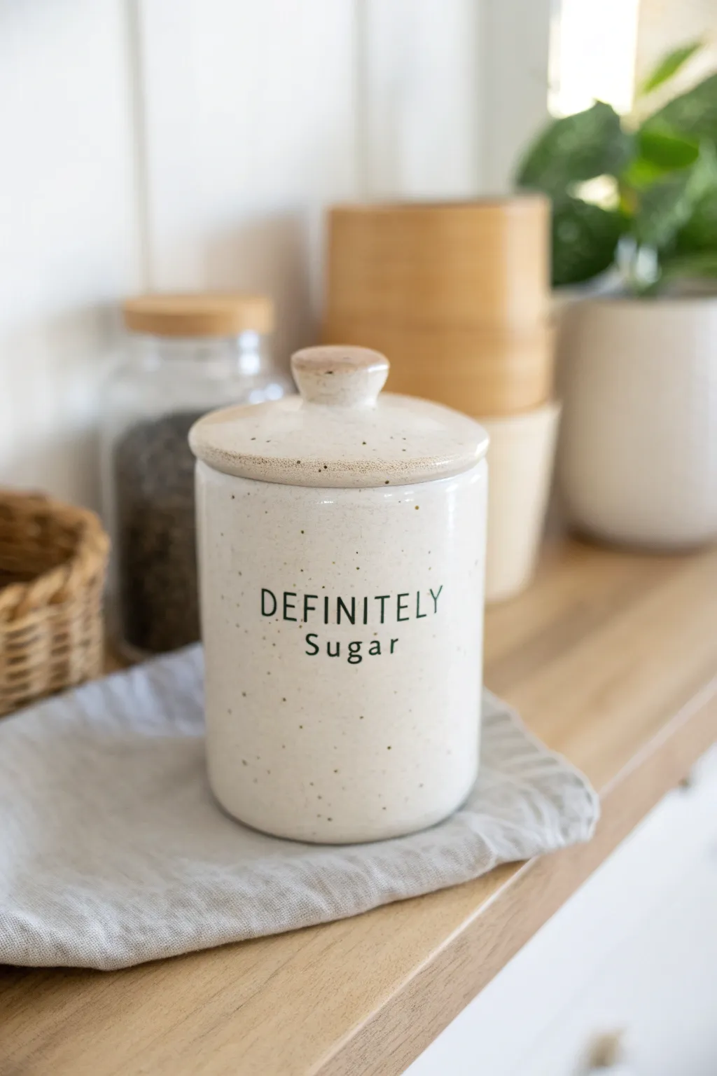A minimalist lidded jar with a hilariously wrong Definitely Sugar label for instant pantry humor