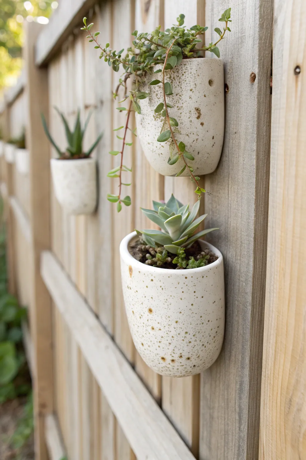 Wall-mounted ceramic pocket planter on a wooden fence, minimalist boho garden charm.