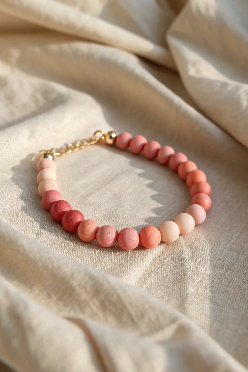 Sweet polymer clay bead bracelet with a smooth coral to blush ombre fade in soft natural light