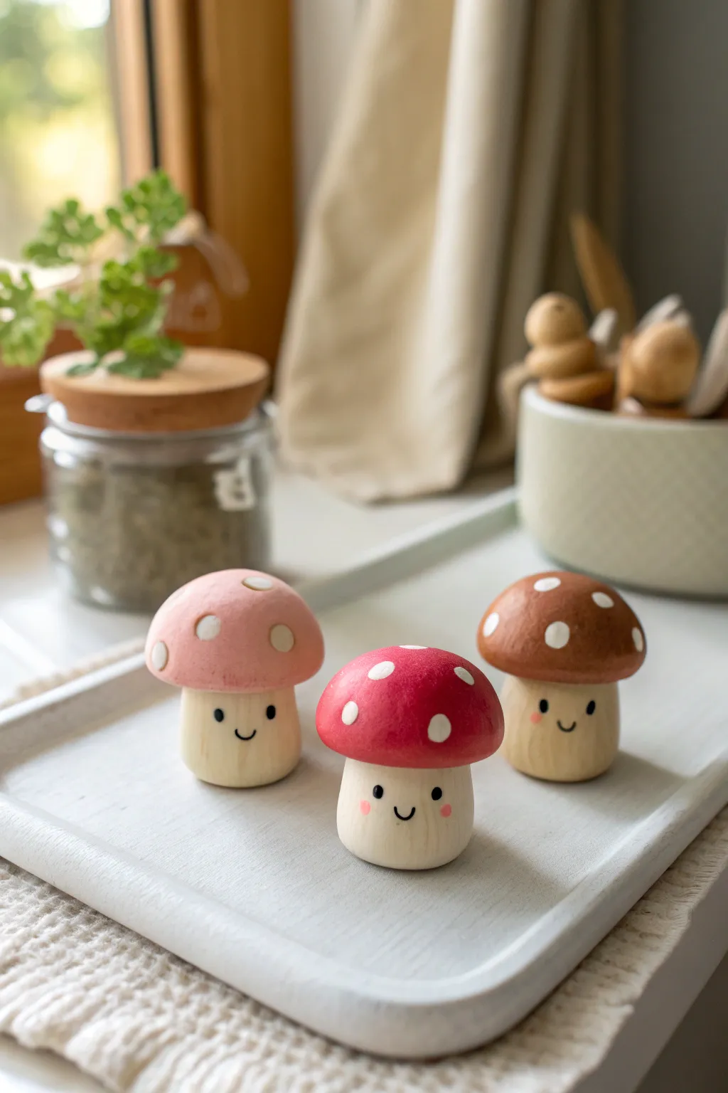 Adorable kawaii mushroom clay fridge magnets in pink and cream for sweet girly kitchen décor
