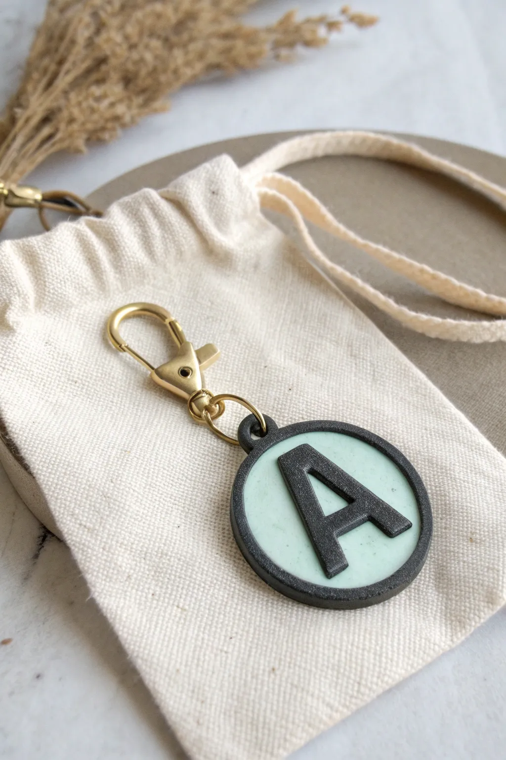 Minimal glow-in-the-dark polymer clay initial tag, day-to-night contrast for chic bags.