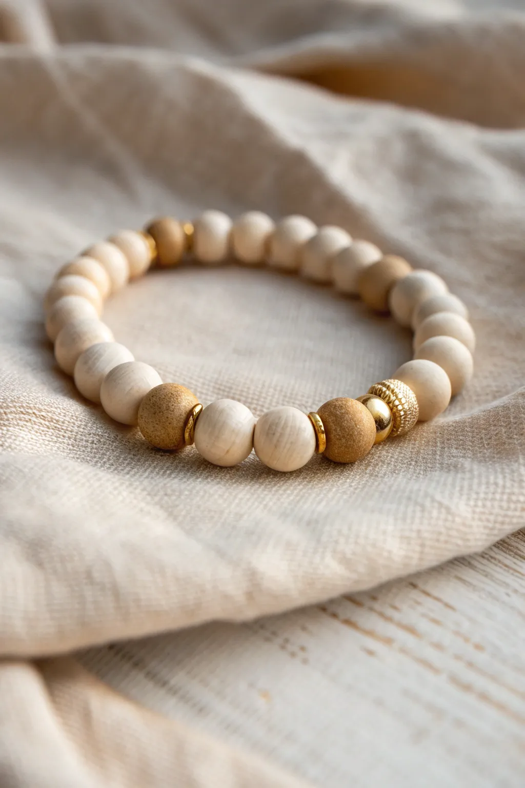 Simple 5-and-1 rhythm: five matte clay beads, one gold bead, repeating for easy DIY elegance.