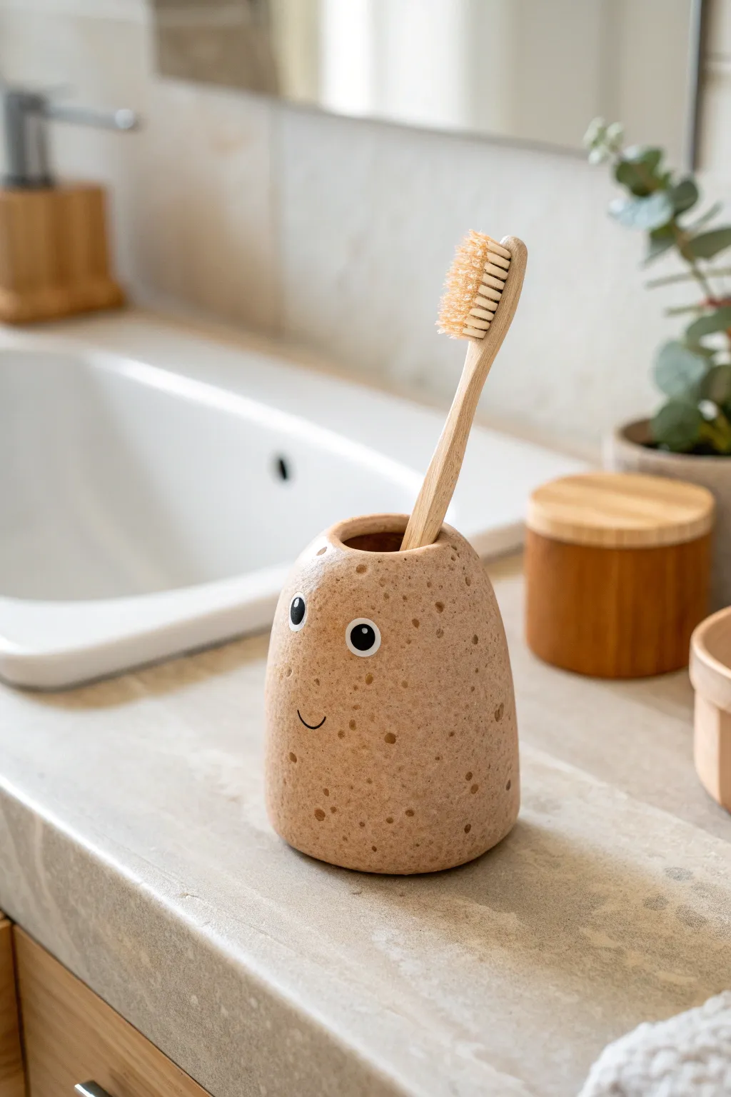 A playful animal-shaped clay toothbrush stand that adds calm, cozy personality to your sink.