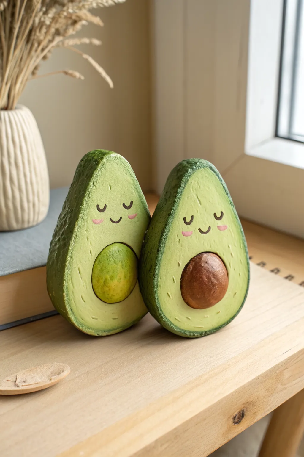 Cute green avocado clay desk buddy with soft matte texture, minimalist Scandi-boho vibes