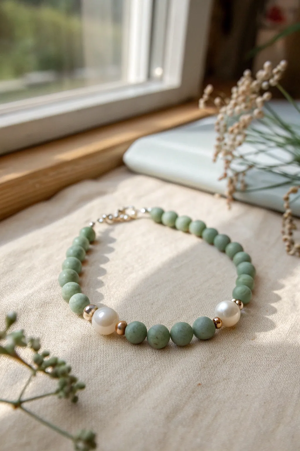 Soft sage clay bracelet with evenly spaced pearl-like accents for a calm, elegant look