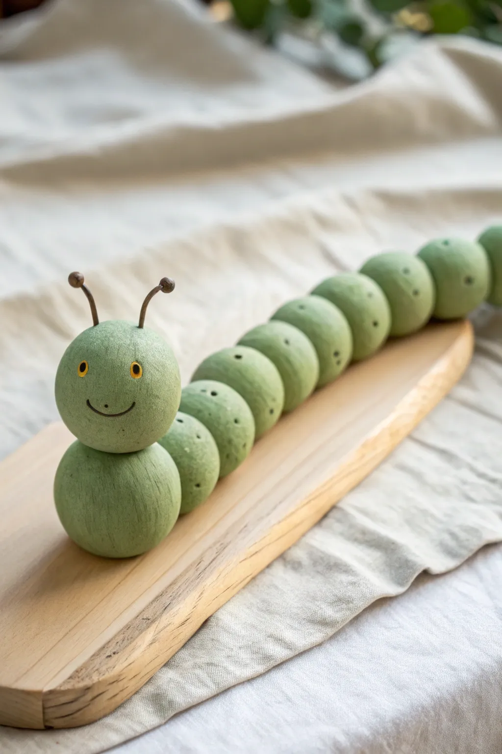 Sweet segmented green clay caterpillar with tiny antennae, minimalist boho styling, crisp focus.