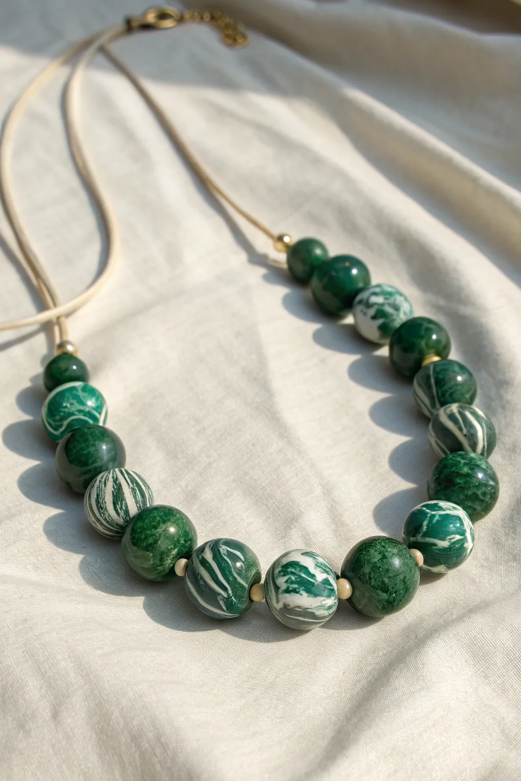 Green marble polymer clay bead necklace with bold swirls, minimalist boho styling.