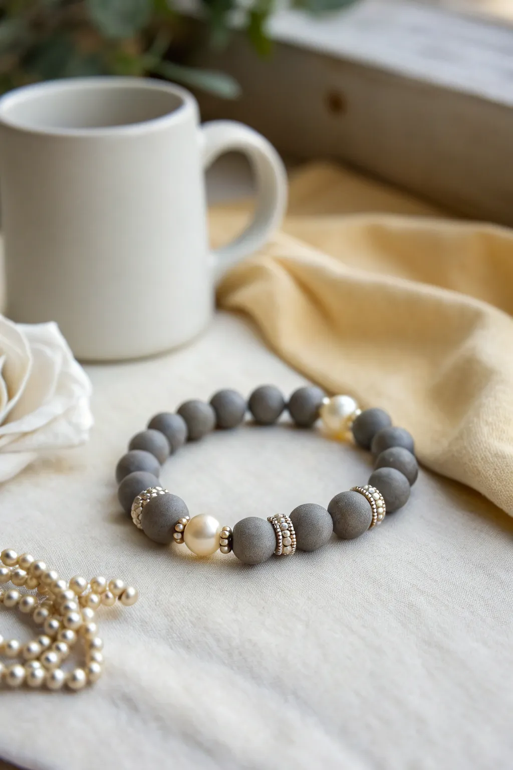 Matte grey clay beads with pearl clusters for a soft, polished bracelet look.