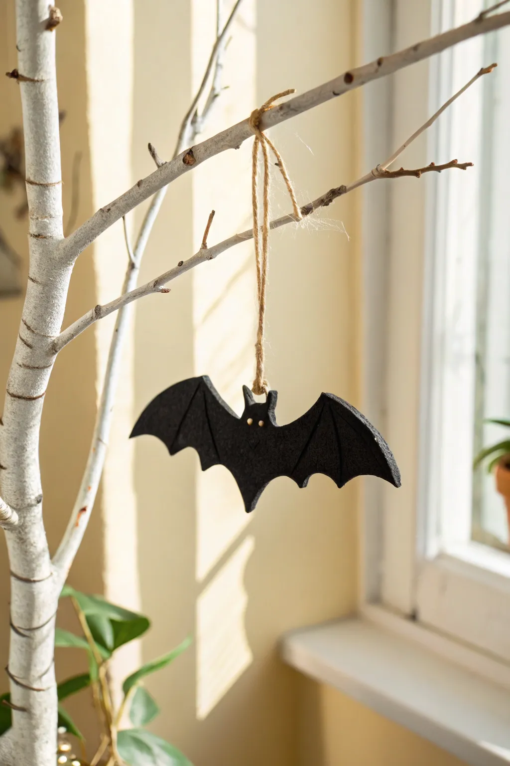 Matte black clay bat ornament hanging from a simple branch, minimal boho Halloween decor.