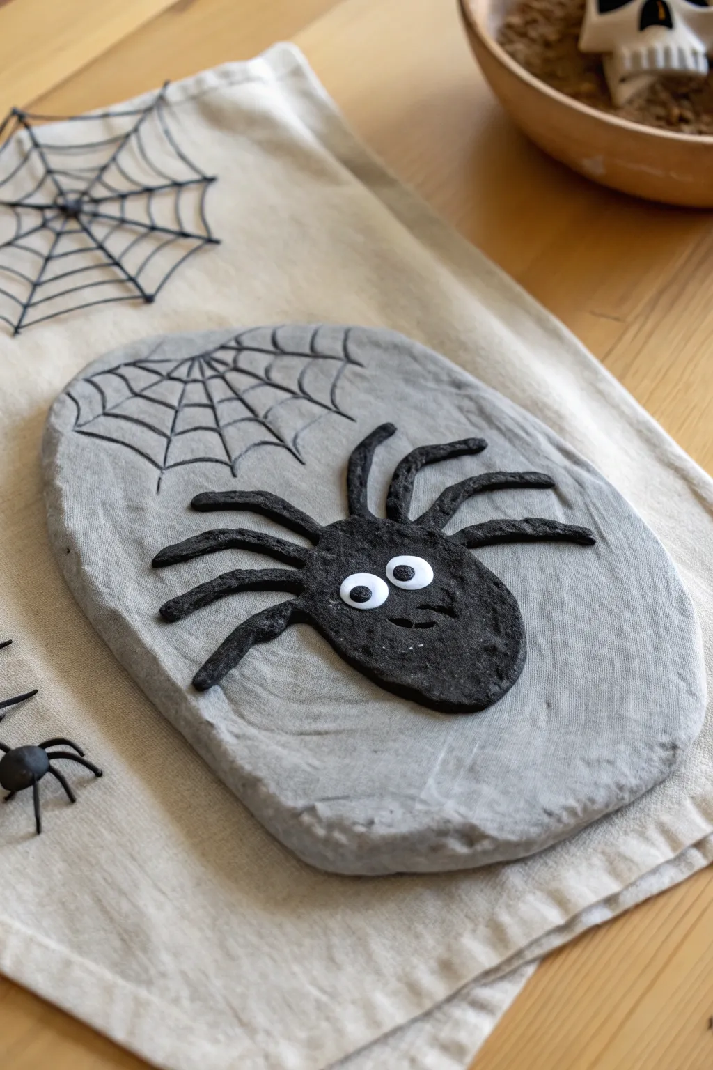 Spooky spider handprint plaque in matte black with big eyes, a sweet Halloween keepsake kids love