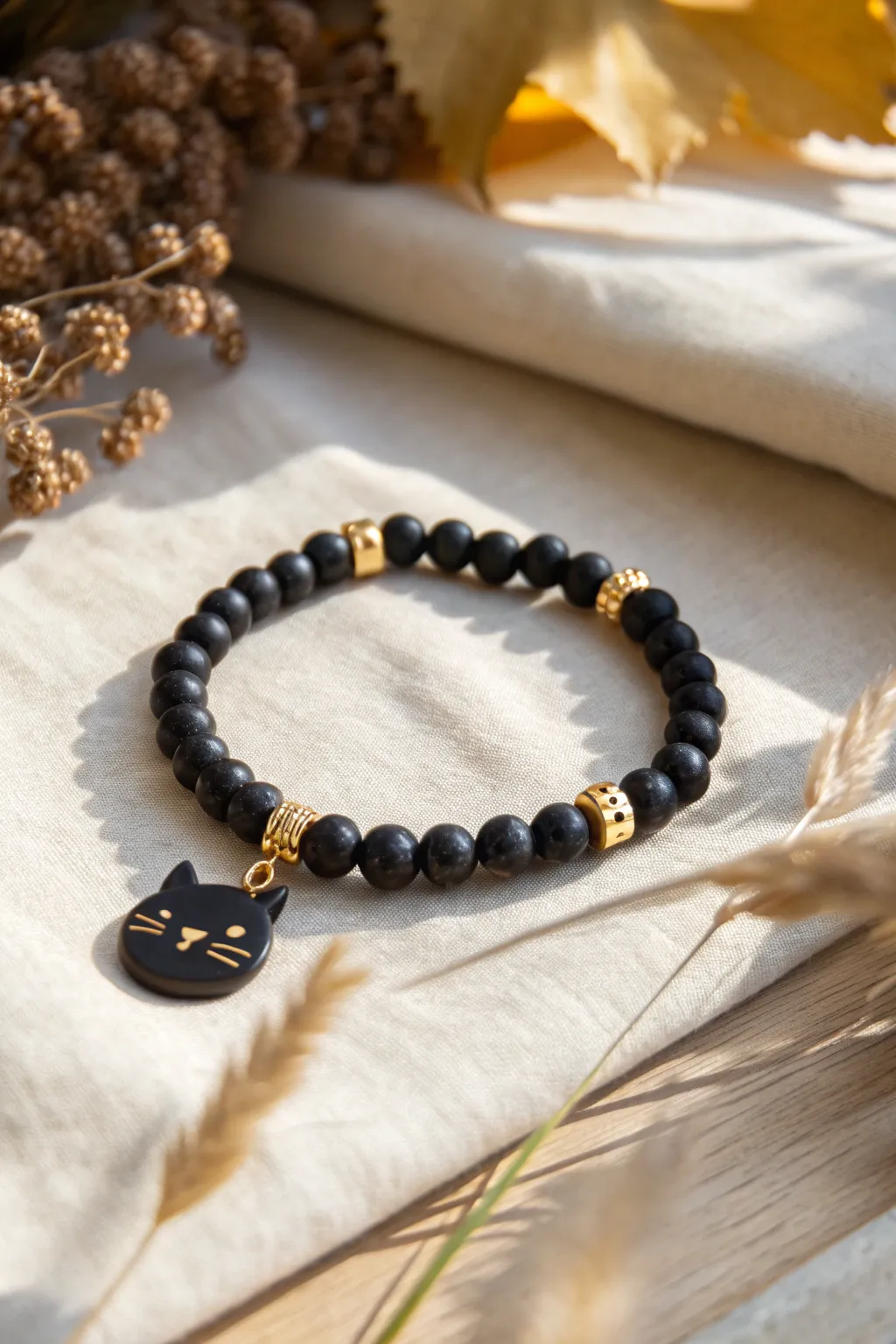 Black heishi bead bracelet with gold spacers and a simple cat focal for chic Halloween vibes