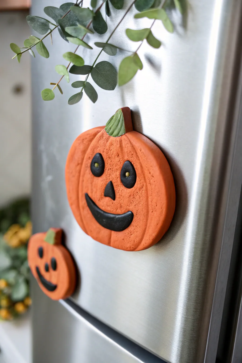 Simple pumpkin-face clay magnet, perfect for kid-friendly Halloween crafting and fridge decor.