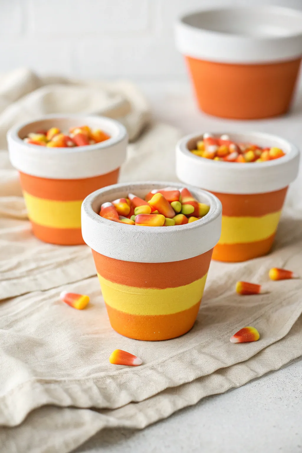 Candy corn stripe clay pots for Halloween, simple Scandinavian boho decor with a sweet twist.