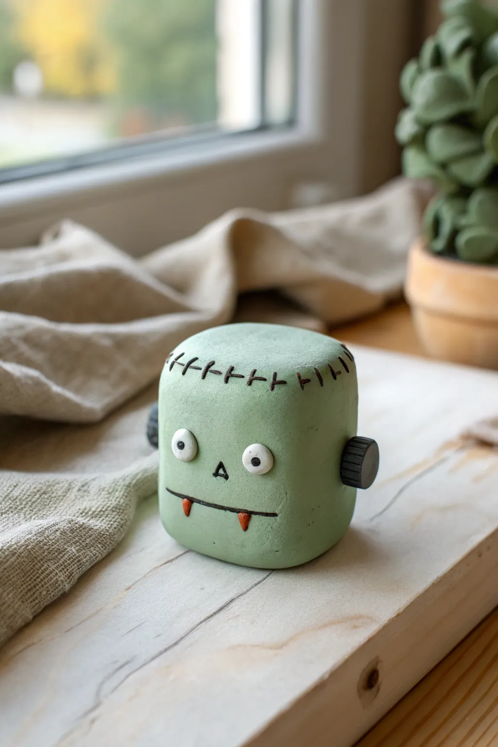 Frankenstein mini clay head in soft green, simple stitched details and clean minimalist Halloween vibes