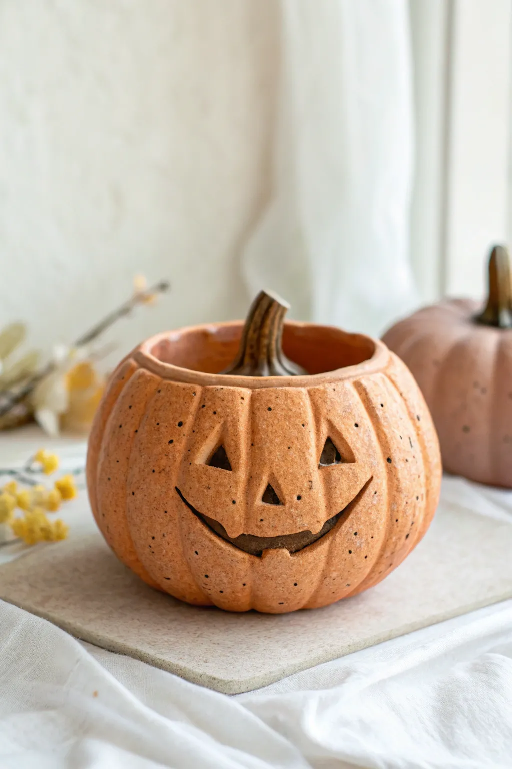 Goofy grin pumpkin pinch pot with lopsided teeth, a cute minimalist Halloween accent.