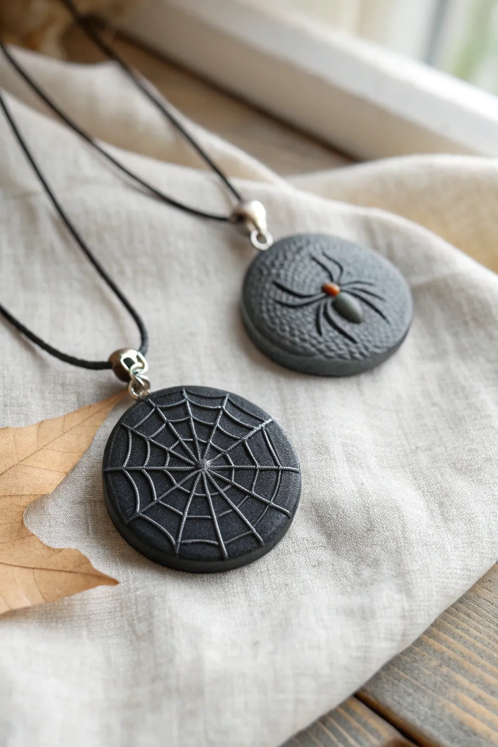 Matte black spiderweb pendant with tiny spider, minimalist Halloween polymer clay jewelry vibes