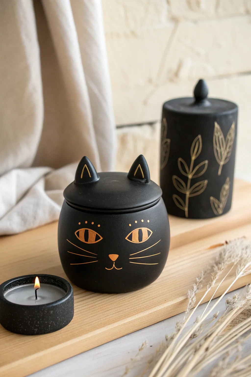 Minimal black cat candle jar with bright eyes, a chic Halloween pottery idea for cozy nights
