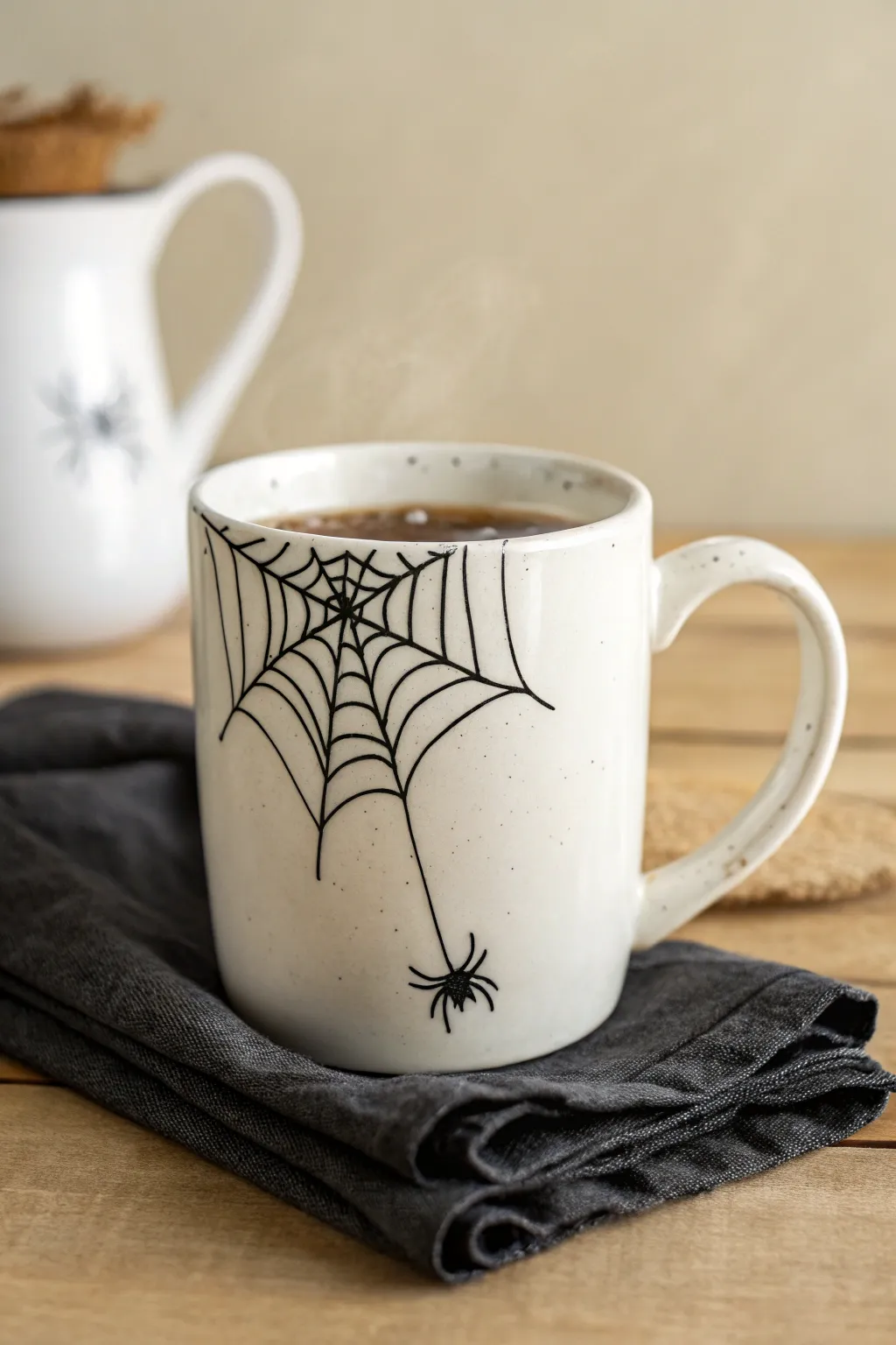Cozy Halloween mug with simple spiderweb corner design, minimalist and boho, easy to paint.